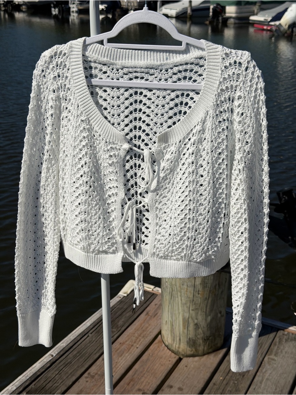 Women's White Lace-Knit Tie-Front Cardigan Sweater